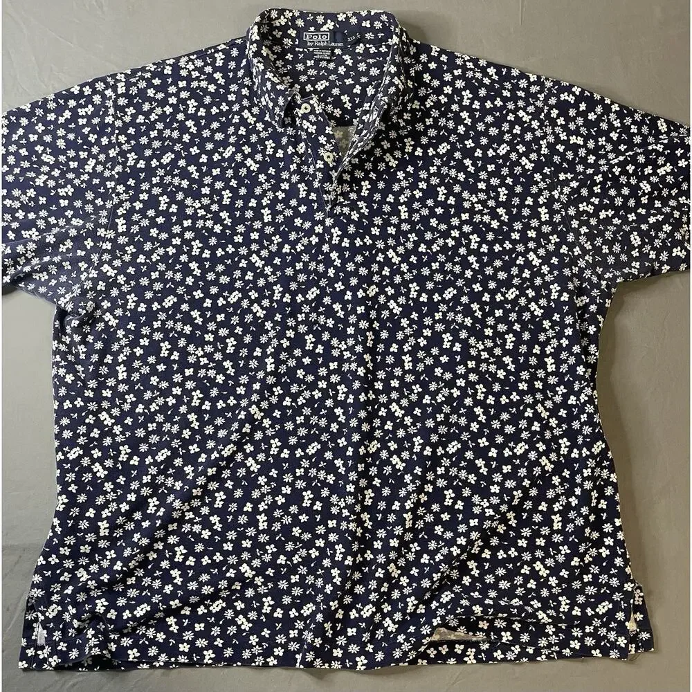 Vintage 90s Polo Ralph Lauren XXL Navy Floral Polo Shirt Made in USA Terr.